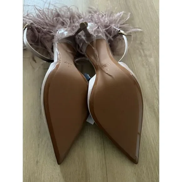 ZARA Feather Heeled Shoes Beige Satin Slingback Rare Size 10 - Picture 4 of 5
